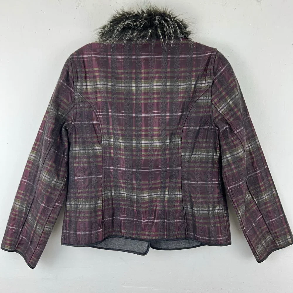 CHICOS sz 0 (S) Reversible‎ Solid Gray Burgundy Plaid Faux Fur Collar Jacket